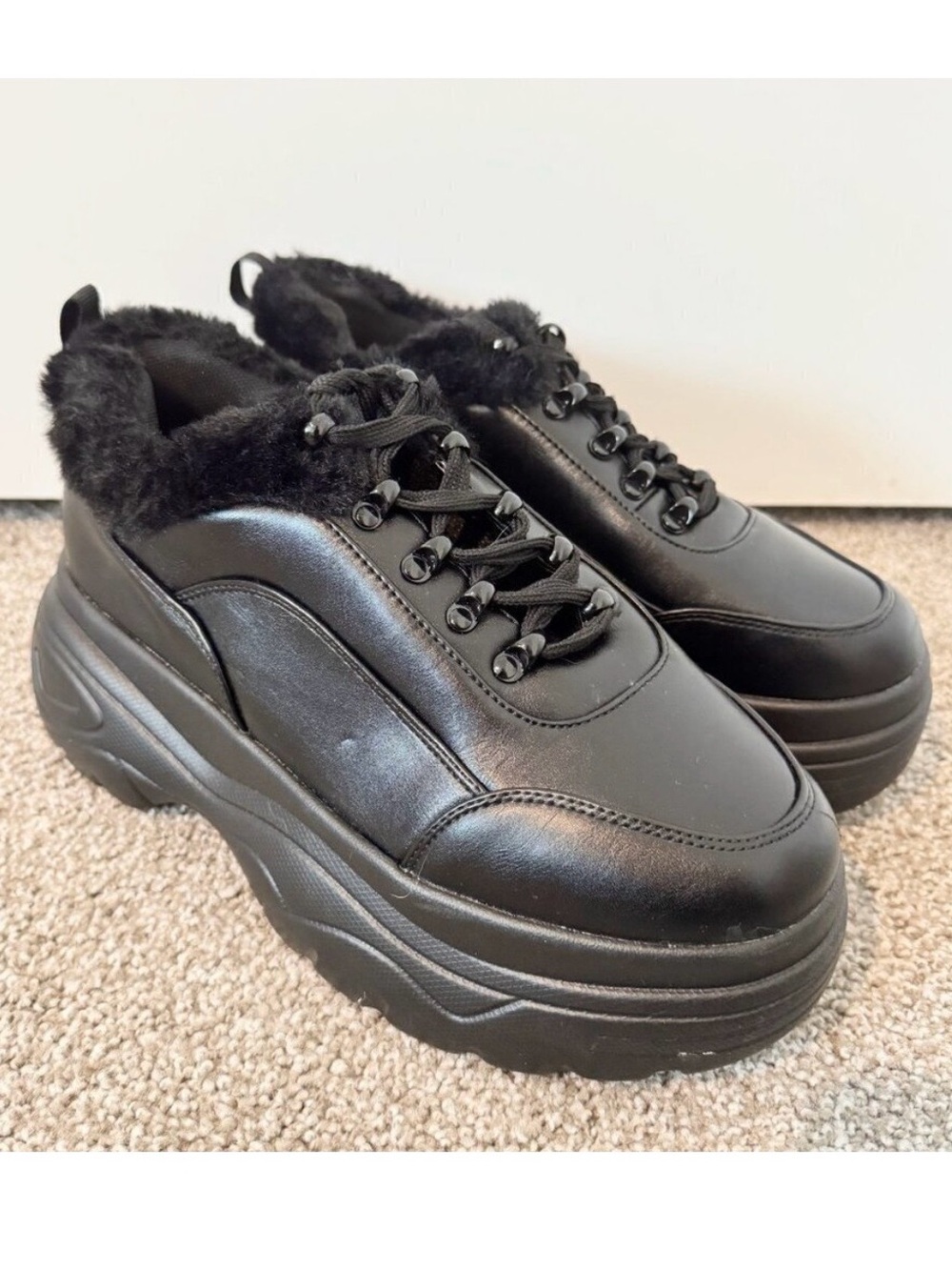 Koi Fur Trim Sneakers Size 8 Black Faux Leather New Whimsigoth Fairy Grunge Punk